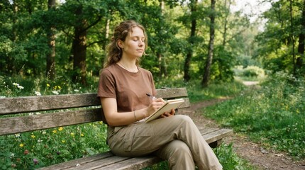 Obraz premium Woman sitting wooden bench park She Focused on in lush green