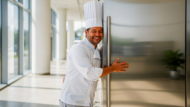 Chef hugging large commercial refrigerator. Cook in uniform smiling by stainless steel appliance. Freshness and quality storage concept for kitchen marketing and appliance service.