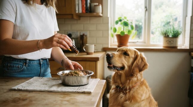 Person hands holding small bottle essential Pet owner adding natural oil drops from a glass pipette