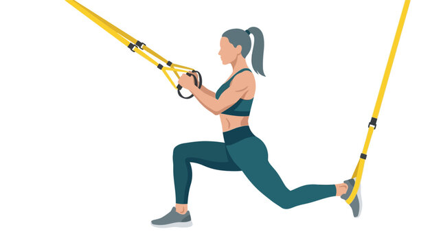 Athletic woman practicing TRX suspension training lunges exercise for full body strength flat vector illustration