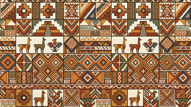 South American traditional textile weaving patterns featuring geometric shapes and stylized animal figures representing ancient cultural heritage for apparel fashion design and decorative
