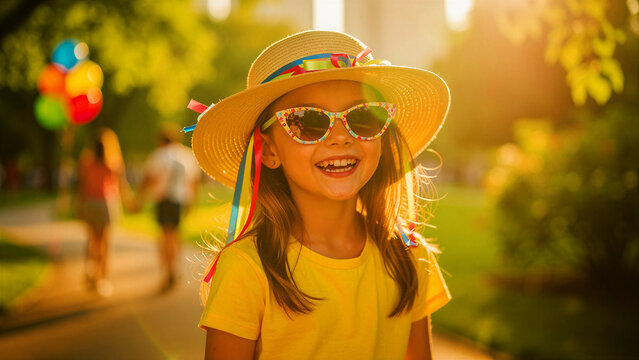 Happy girl in straw hat and sunglasses smiling in a sunny park. Child enjoys summer vacation outdoors with blurred balloons. Childhood joy concept, ideal for seasonal travel or lifestyle ads.