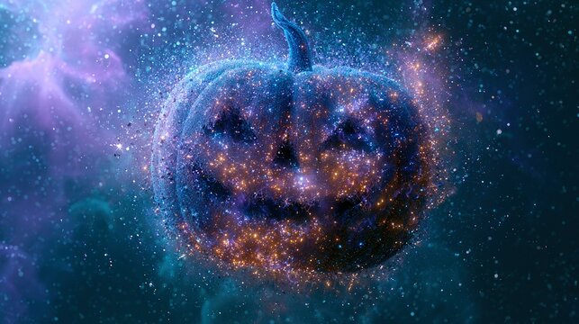 Celestial Halloween pumpkin made of stars and cosmic dust, floating in nebulous night sky, vibrant purples and teals, magical glow, 3D