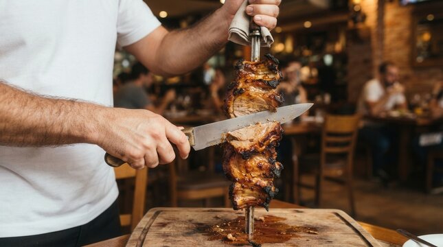 Person hand holding large kitchen knife Chef cutting roasted meat off a vertical spinning spit