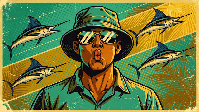 Cool fisherman in bucket hat and sunglasses makes a funny fish face expression. Retro pop art illustration with marlins and tropical palms. Ideal for sport fishing apparel and hobbyist media.