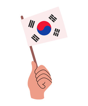 South Korea flag held in a human hand. South Korean flag vector illustration isolated on white. Ready for national celebration, travel, culture, education, and patriotic design.