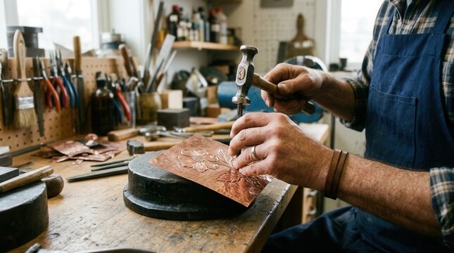 Person hands holding hammer working piece Coppersmith using and punch to emboss a floral design
