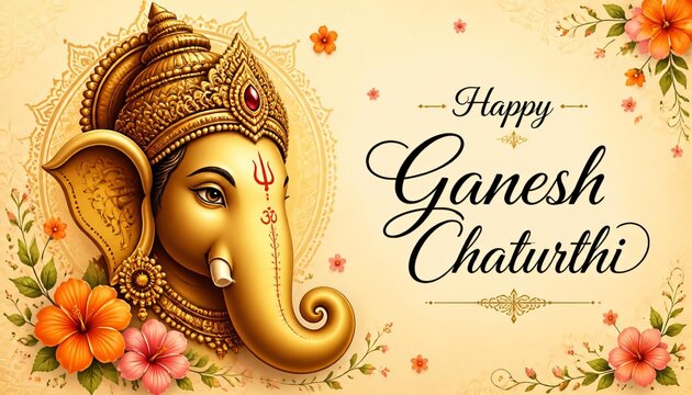 Ornate Ganesh Chaturthi Greeting with Elegant Ganesha Illustration on Cream Background