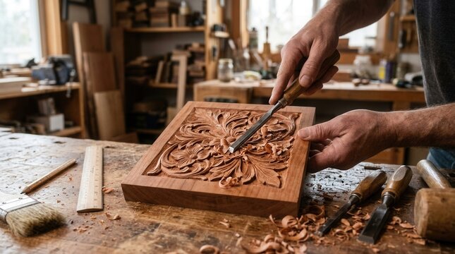 Person hands working piece wood chisel Artist using a gouge to carve floral design into