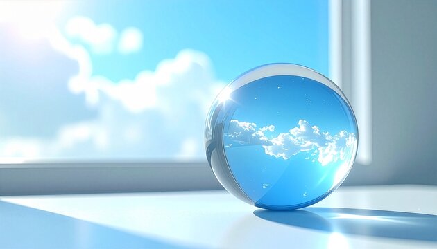 窓からの差し込む光が反射する水晶玉と、その内部に閉じ込められた球体の青空と白い雲