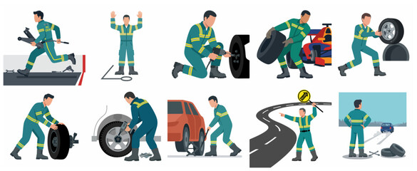 Obraz premium Set of Professional Pit Crew and Mechanic Characters for Racing and Car Maintenance Services