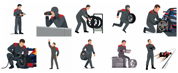 Obraz premium Professional Race Car Pit Crew Mechanics and Pit Stop Team Flat Vector Illustration Set