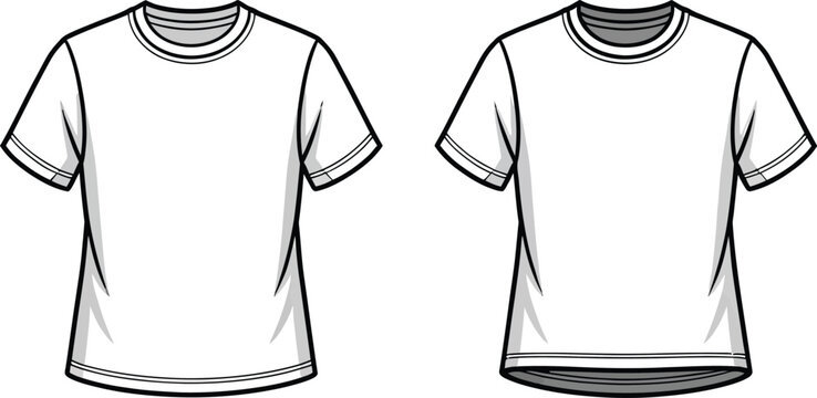 Cad technical black and white of two short sleeve t-shirts neckline round