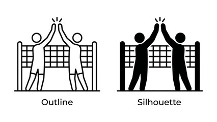 Fototapeta premium Volleyball Teamwork Celebration: Two volleyball players, depicted in both outline and silhouette styles, high-five enthusiastically over the net, celebrating a successful play and teamwork.