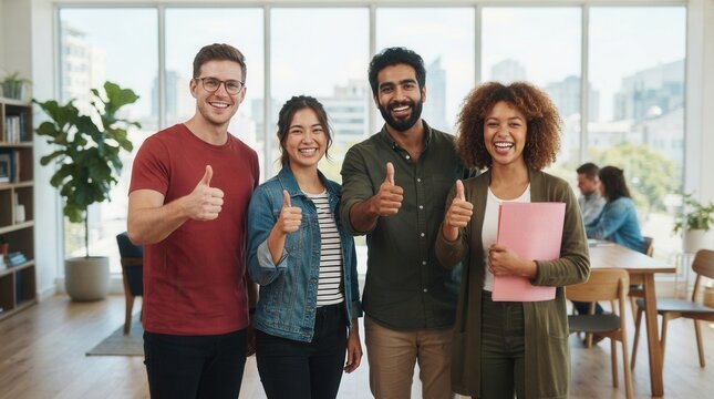 Group four young people two men Successful students showing thumbs up
