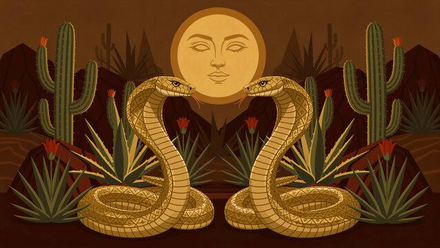 Two golden cobras face each other in a desert landscape under a sun. Symmetrical art with cacti and geometric patterns in earth tones. Mystical serpent theme for spiritual decor.