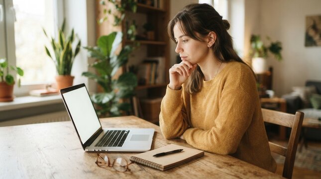 Young woman sitting wooden desk laptop Selective focus on modern blank computer with copy space