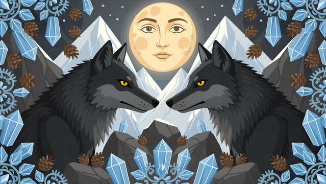 Two black wolves sitting face-to-face against a snowy mountain landscape with a moon face. Decorative frame featuring blue crystals and pinecones in a night scene. Folklore fantasy illustration.