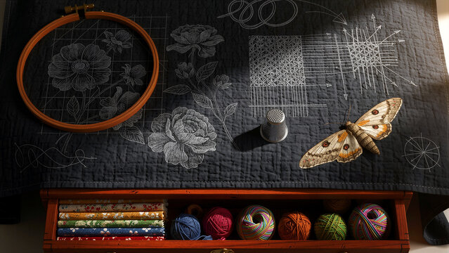 Embroidery hoop and sewing supplies on dark fabric with floral sketches. Thimble and moth rest near a drawer of colorful yarn. Handcrafted textile art concept for DIY craft tutorials.