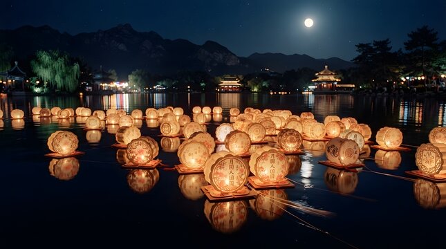 Floating lanterns on a lake under a full moon during midautumn festival