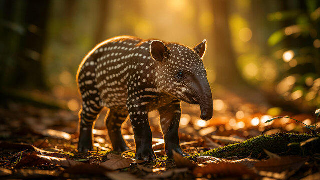 Young tapir calf standing in a sun-drenched forest. The baby animal features unique white spots and stripes on dark fur amidst fallen leaves. Wildlife conservation concept for nature education.