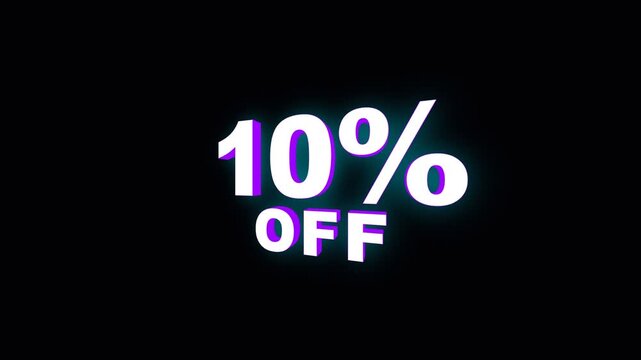 10 percent off 3D glowing text animation, neon discount sale promotion seamless loop isolated overlay