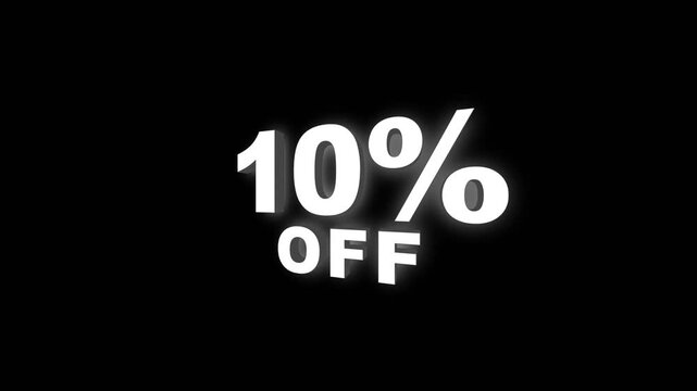 10 percent off 3D white text animation, clean luma matte discount sale promotion seamless loop overlay