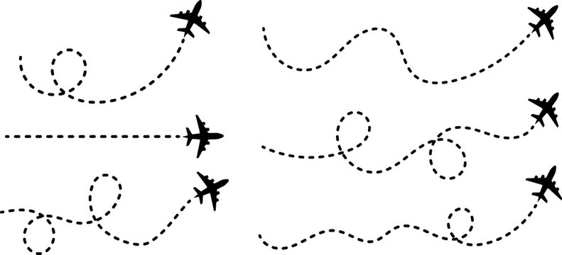 Airplane route icons with dotted flight paths. Flying plane silhouettes showing curved, looped, straight, wave and heart-shaped dashed travel routes.