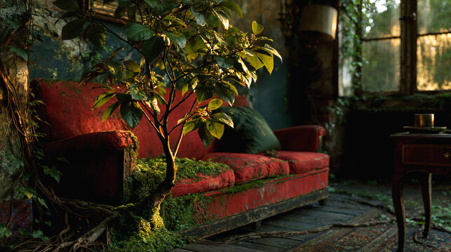 Overgrown abandoned living room with a red sofa and indoor tree