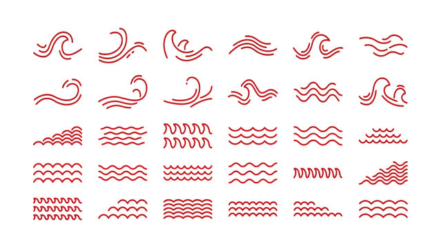 Water wave, sea wave set. Zigzag line. Water logo, symbol vector collection.