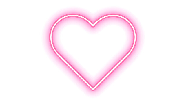 Pink neon heart shape. Glowing heart icon isolated on white background.