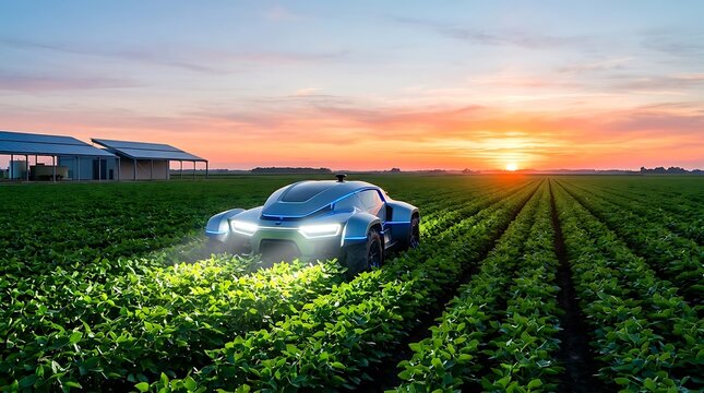 A modern autonomous agricultural robot spraying fertilizer on green crops in a large field during a beautiful golden hour sunset in the countryside
