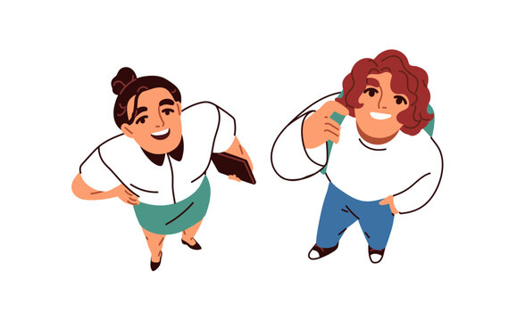 Top down view, happy surprised people looking up with positive emotion. Smiling amazed characters watching upward, from above, overhead pose. Flat vector illustration isolated on white background