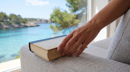 Fototapeta premium A person's hand resting on a closed book on a couch with a scenic sea view in the background.