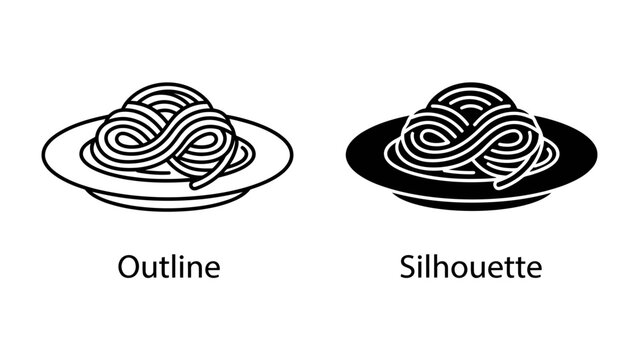 Spaghetti Icon: A clean outline and solid silhouette of a plate of spaghetti, representing a simple and classic food icon.