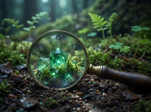 A vintage magnifying glass rests on the dark damp forest floor revealing glowing magical particles hidden amongst the moss and green fern leaves