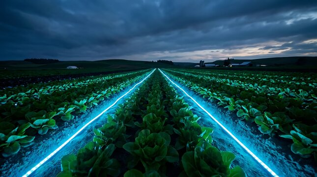 Futuristic agricultural field at night featuring glowing blue light lines running through rows of crops under a dark dramatic cloudy evening sky landscape