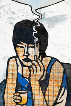 Digital collage illustrates a woman smoking and relaxing at a bar