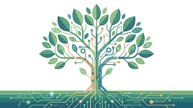 Digital circuit tree with binary code leaves representing growth and machine learning development flat vector illustration.