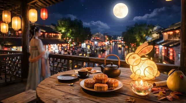 Midautumn festival celebration with mooncakes, tea, and a rabbit lantern on a wooden balcony overlooking a traditional chinese water town at night
