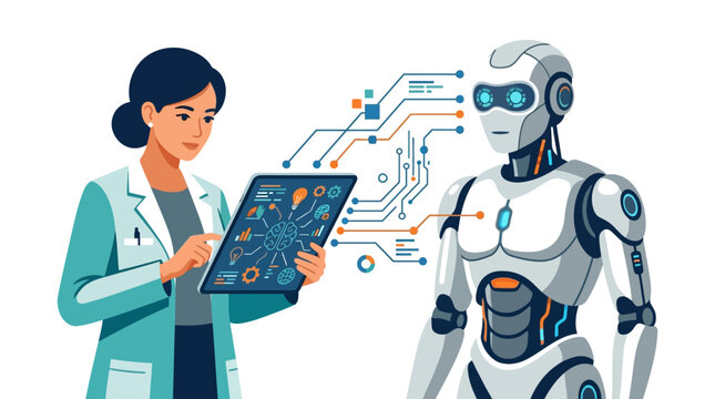 Female data scientist training humanoid robot using digital tablet interface for machine learning flat vector illustration.