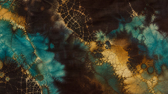 Batik Wax Crackle Tie Dye Background With Teal Antique Gold Texture