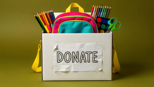 School supplies and colorful backpack inside a white donation box. Stationary items like pencils and paints prepared for charity collection. Education donation concept for community support.