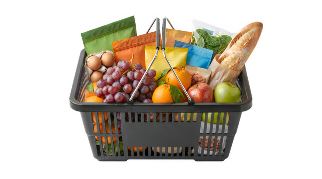Black plastic shopping basket filled with fresh fruits vegetables and bread loaf