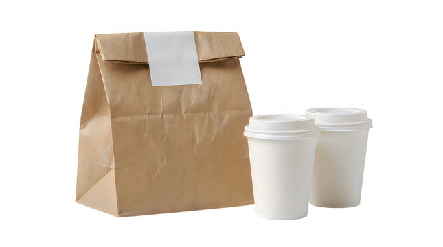 Brown paper bag for food delivery with two white coffee cups