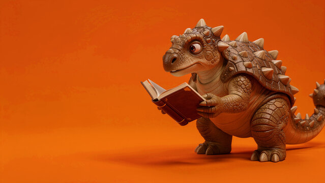 Cute cartoon ankylosaurus dinosaur reading a book. Rendered 3D character on a vibrant orange background. Education and literacy concept for children's storytelling and library marketing.