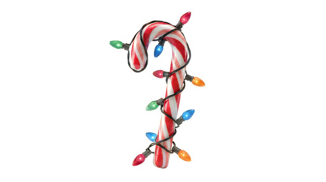 Red and white striped candy cane wrapped with colorful glowing christmas lights