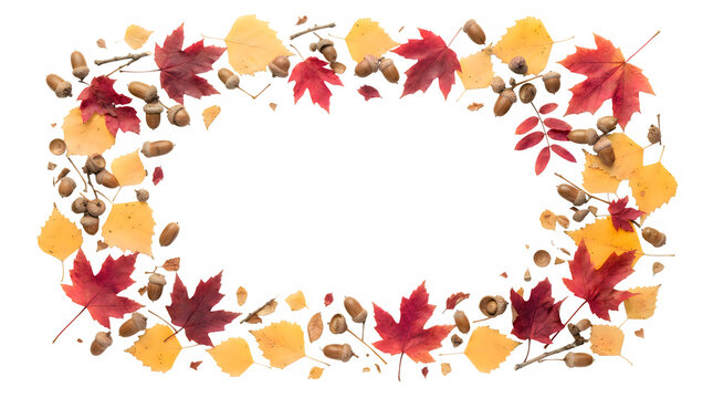 Autumn leaves and acorns border frame with red and yellow maple foliage
