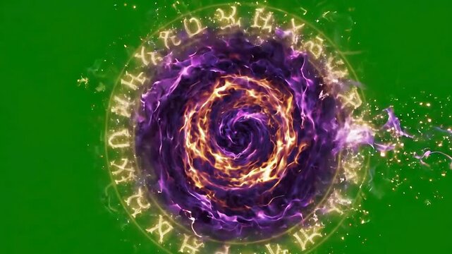 Mystical Magic Portal Energy Vortex with Glowing Arcane Symbols on Green Screen Background