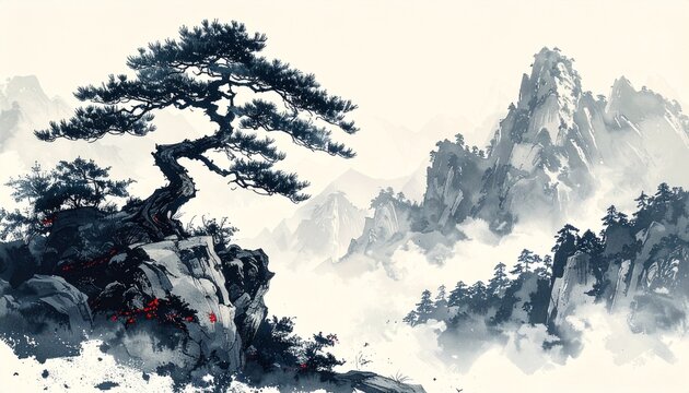 Ancient pine tree on rocky cliff sumi-e ink painting with misty mountains, traditional Japanese landscape art